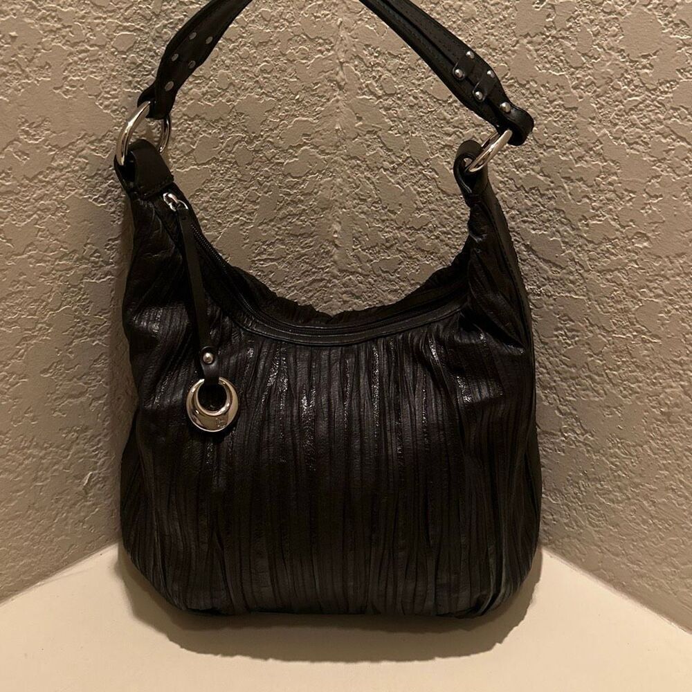 Donald J Pliner Pleated Leather Hobo Shoulder Bag Black Leather Y2K Stud Strap